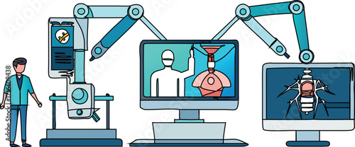 A doctor and a nurse with a stethoscope and a syringe communicate online on a laptop screen with a vector illustration of a business network symbol