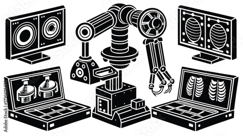 A diverse set of vector icons featuring illustrations of music, instruments, and other technological symbols for modern design