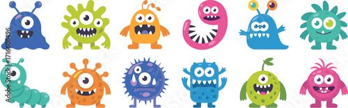 Cartoon monsters, colorful characters, one-eyed creatures, playful expressions, fantasy icons, kids illustration, whimsical design, children’s media assets