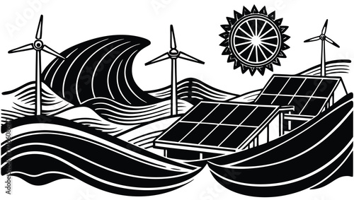 A vintage black pirate ship sailing in the sea with a compass rose symbol