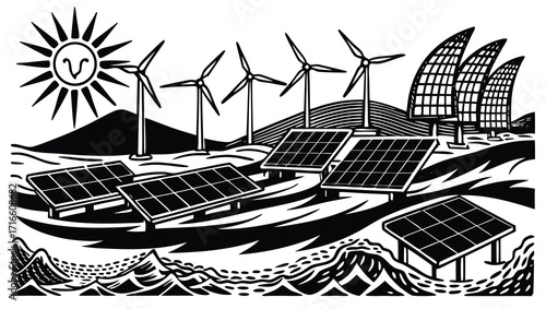Green technology illustration with wind turbine and solar panels generating renewable electricity