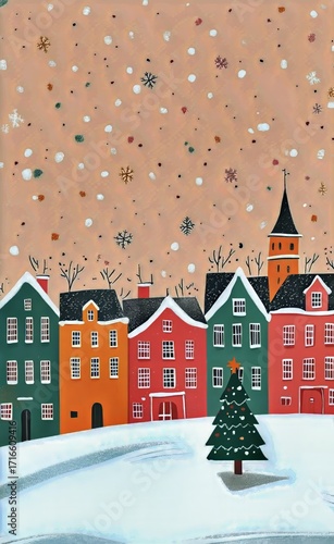 Snowy Village Scene With Colorful Houses and a Christmas Tree During Winter Season.