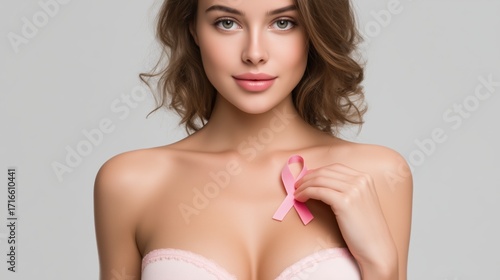 Young woman with pink ribbon on chest symbolizing breast cancer awareness prevention hope strength and healthcare support