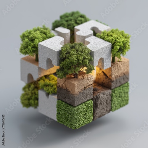 Creative ESG concept cube puzzle with trees soil and greenery symbolizing sustainability environment governance and corporate responsibility
