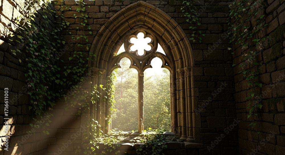Obraz premium Sunlit Gothic Ruin Window with Lush Vines