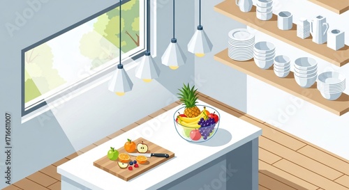 Kitchen Counter with Fruit Bowl and Window View