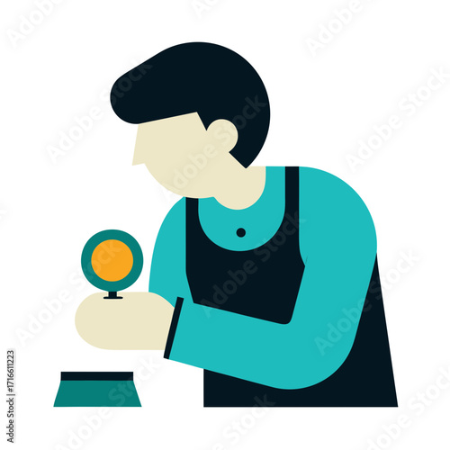 Craftsman examining a small object with a magnifying glass