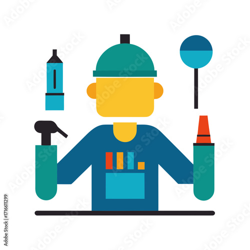 Cartoon cleaner character with cleaning supplies and tools for a spotless home