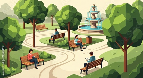 Park Scene with Fountain and People Reading