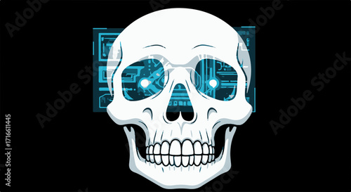 Animated skull with glowing eyes against dark backdrop, detailed blueprint, and electronic matrix. This skull design conveys advanced technology,