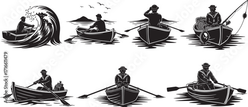 Fisherman rowing boat silhouette, fishing at sea, ocean waves, traditional fishing, rowboat, maritime lifestyle, nautical adventure, seascape, outdoor travel, nature