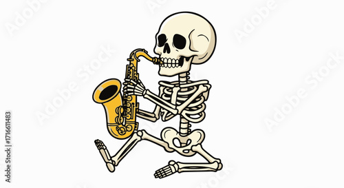 Skeleton playing music cheerfully on gold saxophone. This skeleton with a saxophone presents an image of joy and vibrancy, capturing attention through creative design.