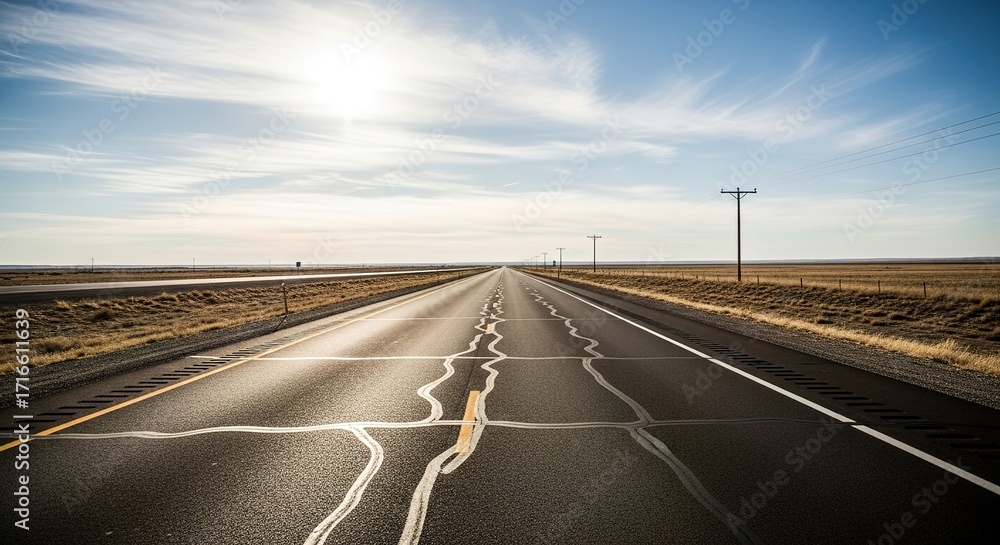 Fototapeta premium Sunlit Highway with Cracked Pavement Leading to the Horizon Unde