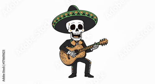 Day of the Dead illustration with a skeleton mariachi playing guitar on white background. Day of the Dead musician has fun in black suit, sombrero with ornaments while play acoustic instrument,