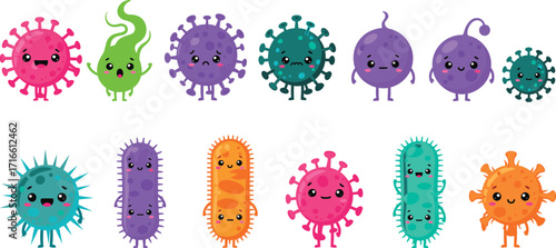 cartoon microbes with smiling faces, colorful germ illustration, hygiene education, health awareness, bacteria clipart, virus character design