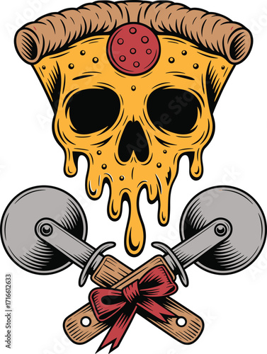 Melting pizza slice skull and crossed pizza cutters with a bow, a spooky and edgy food mascot, perfect for Halloween, restaurants, and apparel designs.