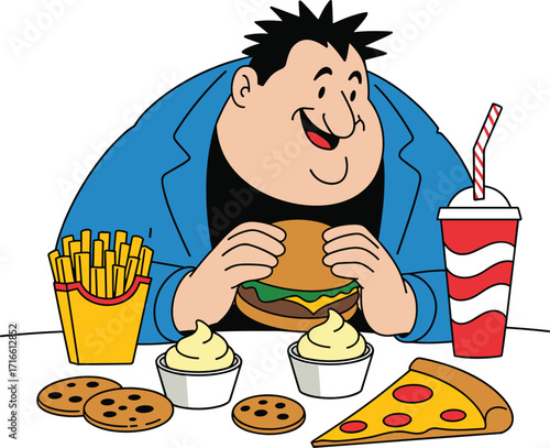 Whimsical cartoon illustration of a happy man enjoying a large fast food meal, including a burger, fries, pizza, and cookies, symbolizing overeating.