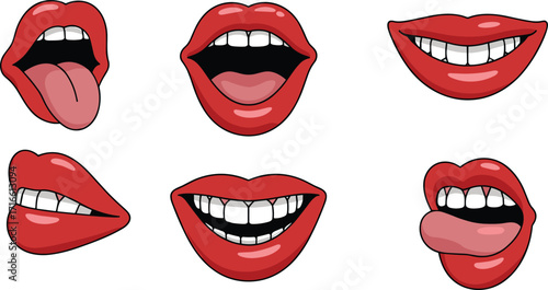Vector cartoon set of various mouth expressions with red lips, including smiling, yelling, and with tongue out, perfect for pop art and comic designs.