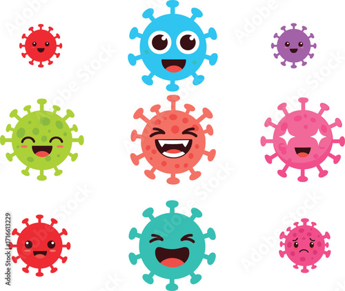 cartoon virus characters grid, colorful germ illustration, health awareness, hygiene education, bacteria clipart, emotional microbe design