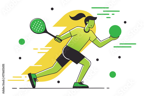 Dynamic squash player swinging racket with energy and focus in modern graphic style for active lifestyle campaigns and sports promotions