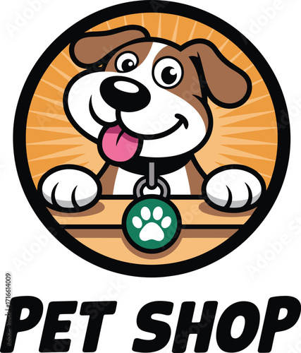 Friendly mascot logo of a happy dog with a paw print tag, an ideal symbol for pet shops, animal businesses, and veterinary clinics.