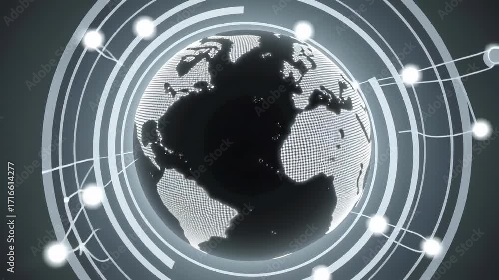 Animated earth globe with glowing rings and dots for presentation background and intro video footage