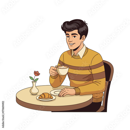 Retro-inspired man enjoying a serene morning coffee break with a croissant at a charming cafe table