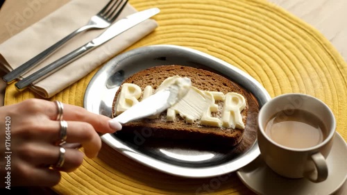 Creative breakfast art with butter letters on toast and coffee on a yellow mat