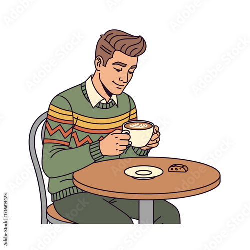 Stylish Guy Savoring a Hot Beverage Moment at a Charming Vintage-Inspired Bistro