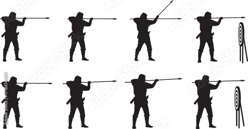 Silhouette warriors holding spears and bows, native hunters, traditional weapon, combat stance, battle preparation, tribal fighters, archery skill, survival strength, culture, heritage