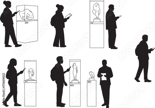 Silhouette people visiting art museum, viewing sculptures, modern exhibition, cultural exploration, gallery visitors, educational tour, artistic appreciation, mobile phone interaction illustration