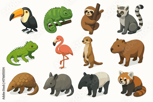 a collection of illustrated exotic animals arranged in three rows.