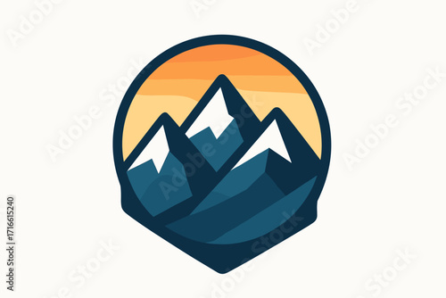 illustration of the logo or icon. Three snow-capped mountains are depicted in the center, symbolizing sunset or sunrise. The logo is enclosed in a hexagonal frame.