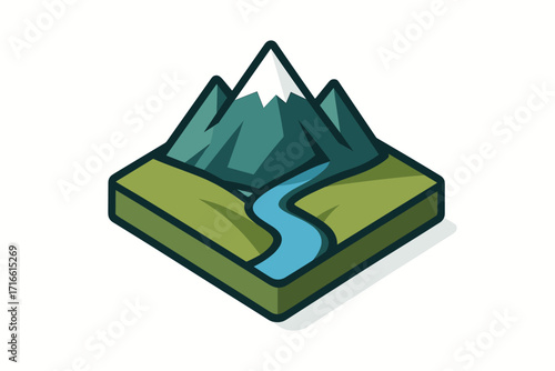3D illustration of a landscape. In the foreground is a green meadow with a winding blue river. In the background are three mountains, one of which has a snowy peak.