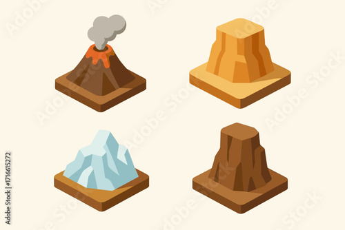 Four 3D illustrations of natural landscape forms. The illustrations are done on a light background with brown bases. 