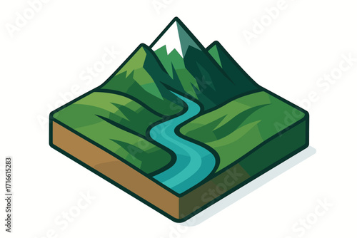 A flat design 3D icon depicting a picturesque mountain landscape.