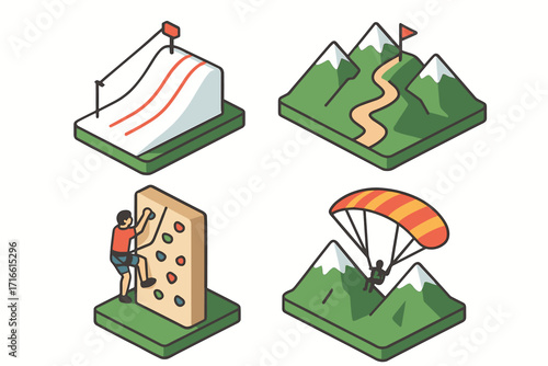 3D illustrations depicting various types of active recreation. The illustrations are rendered in bright colors on a white background.