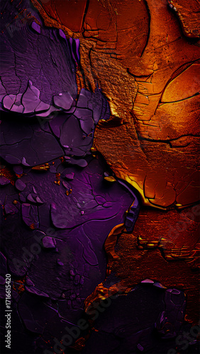 Abstract Split Texture: A Dynamic Contrast of Deeply Cracked Purple and Rusted Orange-Brown Metallic Surfaces Meeting in a Jagged, Aged Seam for Bold Designs