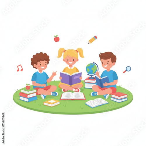 Three children are sitting on the grass, happily reading books and learning together outdoors.