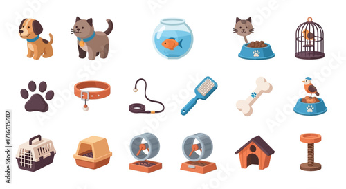 Adorable Cartoon Pets and Accessories Collection - Dog, Cat, Fish, Bird, and Supplies.
