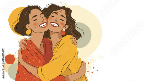 Joyful Young Women Embracing Together - Vector Illustration
