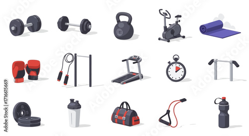 Assorted Fitness Equipment Collection - Dumbbells, Kettlebell, Exercise Bike, and More.