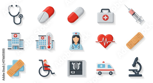 Collection of Colorful Medical Icons Representing Healthcare and Medicine Concepts.