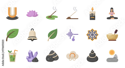 Collection of Colorful Spa and Wellness Icons Depicting Relaxation and Serenity.