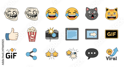 Collection of Digital Memes, Emojis, and Social Media Icons.