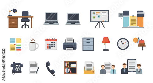 Collection of Modern Office Supplies and Equipment Icons.