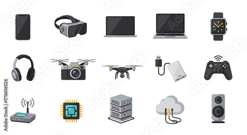 Collection of Modern Technology Gadgets Icons - Smartphones, VR Headset, Laptops, Smartwatch, Headphones, Drone, Camera, Power Bank, Game Controller, Router, Mi
