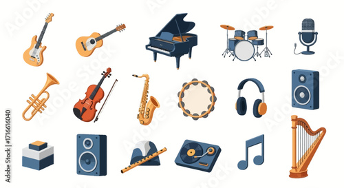 Collection of Musical Instruments - Guitar, Piano, Drums, Microphone, Trumpet, Violin, Saxophone, and More.