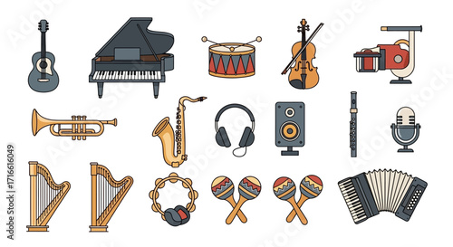 Collection of Musical Instruments - Guitar, Piano, Drums, Violin, Trumpet, and More.