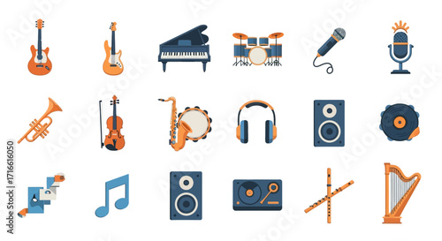 Collection of Musical Instruments - Guitars, Piano, Drums, Microphones, and More.